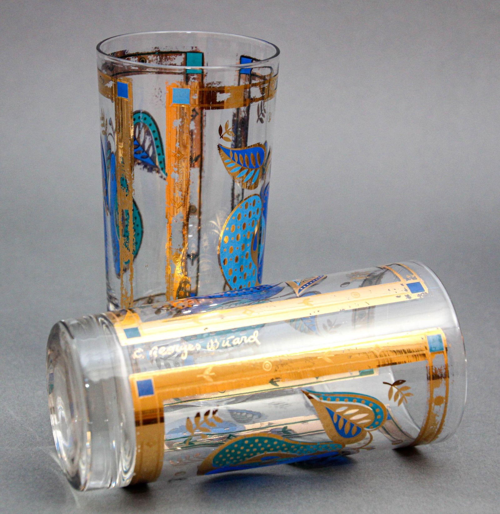 Georges Briard the Forbidden Fruit Pattern Turquoise and Gold Glasses Set of 2 - 4