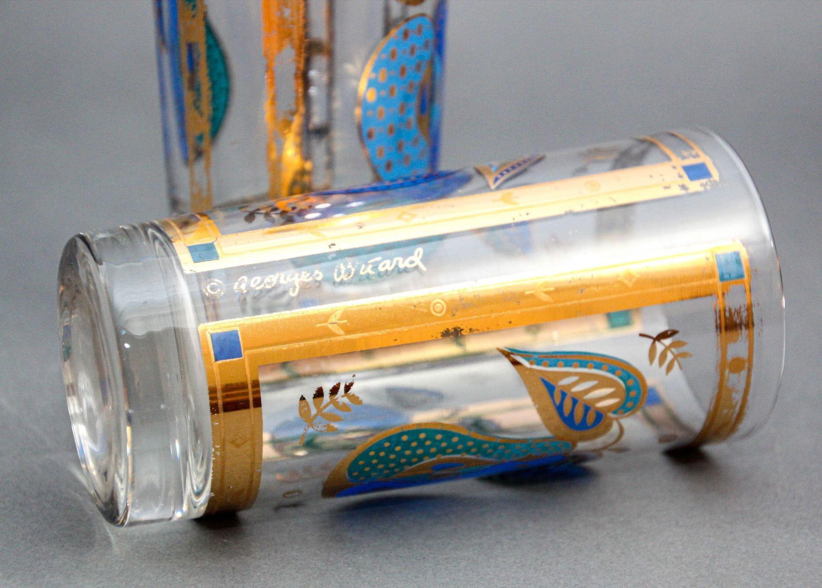 Georges Briard the Forbidden Fruit Pattern Turquoise and Gold Glasses Set of 2 - 6