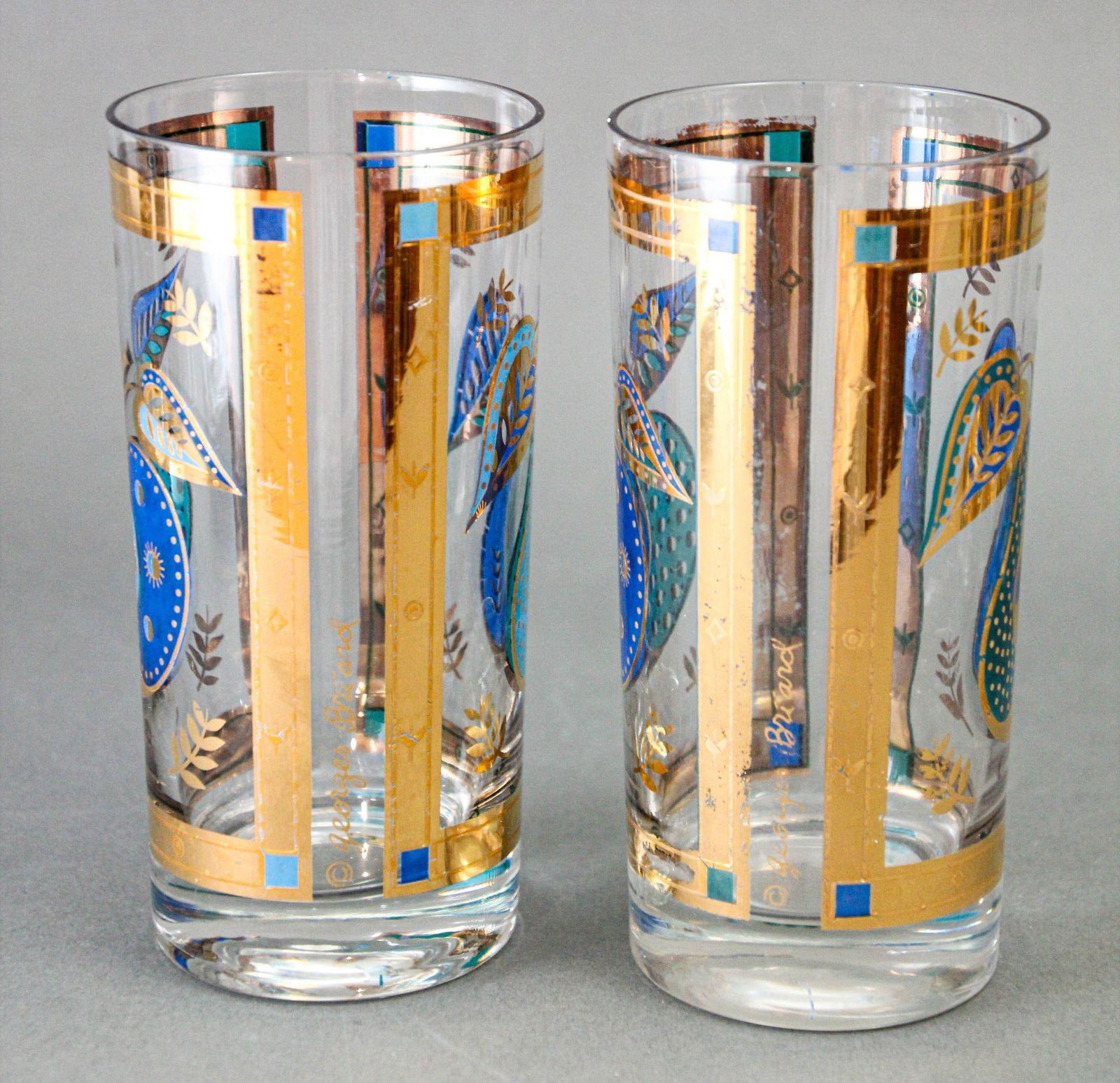 Georges Briard the Forbidden Fruit Pattern Turquoise and Gold Glasses Set of 2 - 7