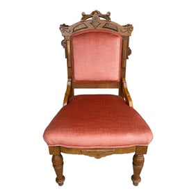 1920s Antique Victorian Eastlake Carved Mahogany Chair With Salmon Pink Velvet
