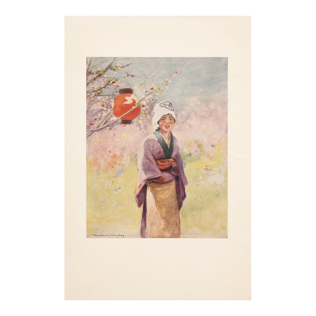 1901 Mortimer Menpes, "Miss Pomegranate" Original Period Antique Print of Japan From London: A stunning original period small antique full-color print of Japan "Miss Pomegranate" by Mortimer Menpes (1855-1938) after watercolor painting by Mortimer Menpes. Gold leafed top edge. Published in