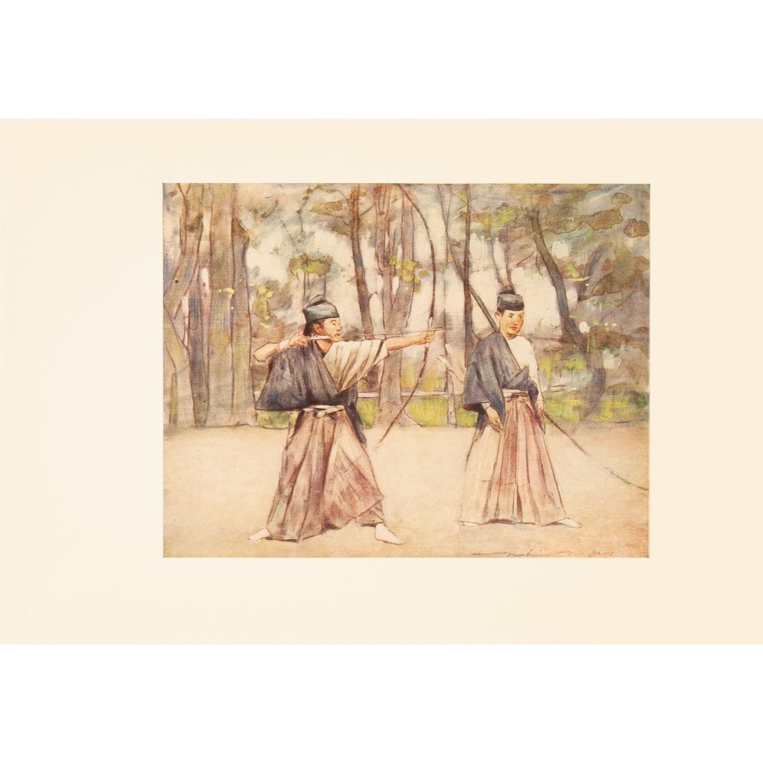 1901 Mortimer Menpes, "Archers" Original Period Antique Print of Japan From London: A stunning original period small antique full-color print of Japan "Archers" by Mortimer Menpes (1855-1938) after watercolor painting by Mortimer Menpes. Gold leafed top edge. Published in December