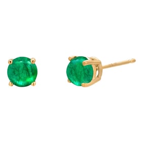 14 Karat Yellow Gold Matched Pair of Round Cabochon Emerald 0.21 Inch Earrings - 2 Pieces