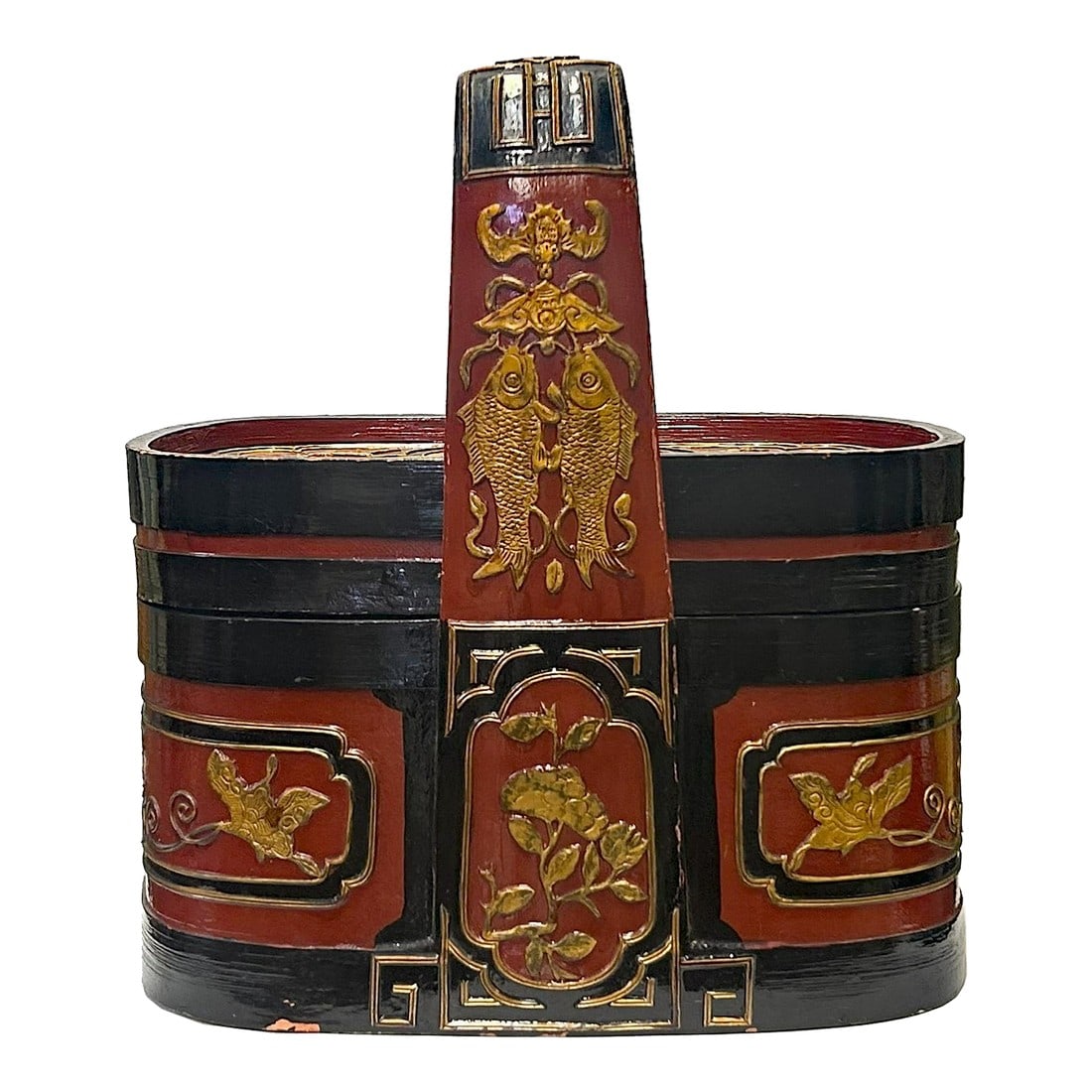 Vintage Chinese Brick Red Golden Relief Motif Oval Box Basket: This vintage oval box features a captivating Chinese design in rich brick red and golden hues. Its surface is adorned with intricate floral relief carvings that showcase exquisite craftsmanship and
