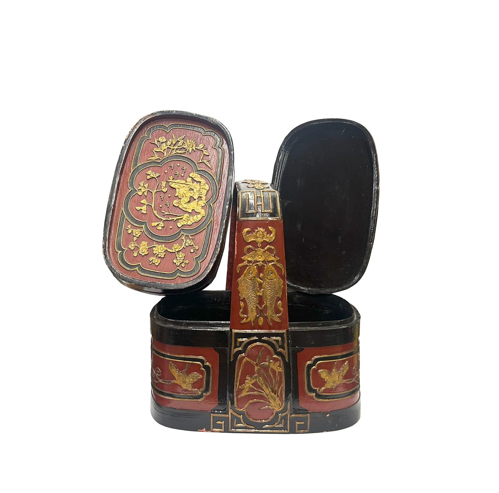 Vintage Chinese Brick Red Golden Relief Motif Oval Box Basket - 4