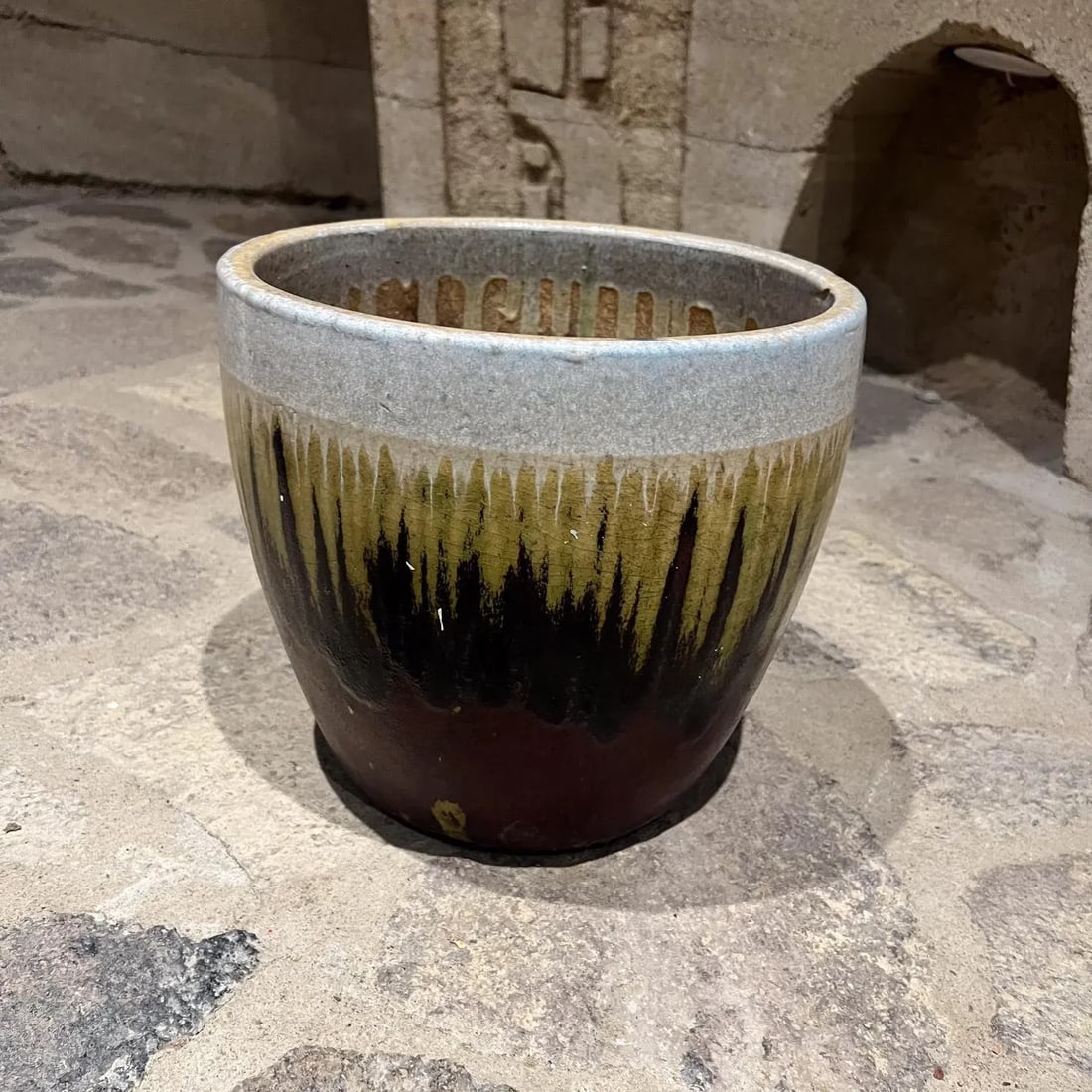 1970s Artisan Lava Drip Glaze Planter Pot Red and Green - 4