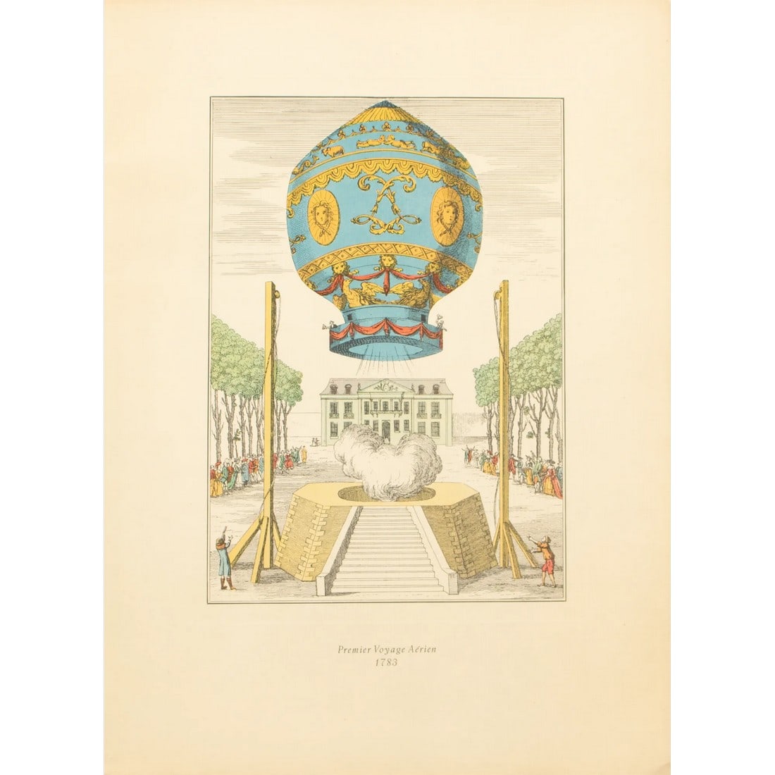 1956 "First Air Travel 1783" Balloon, Large Vintage Offset Lithograph