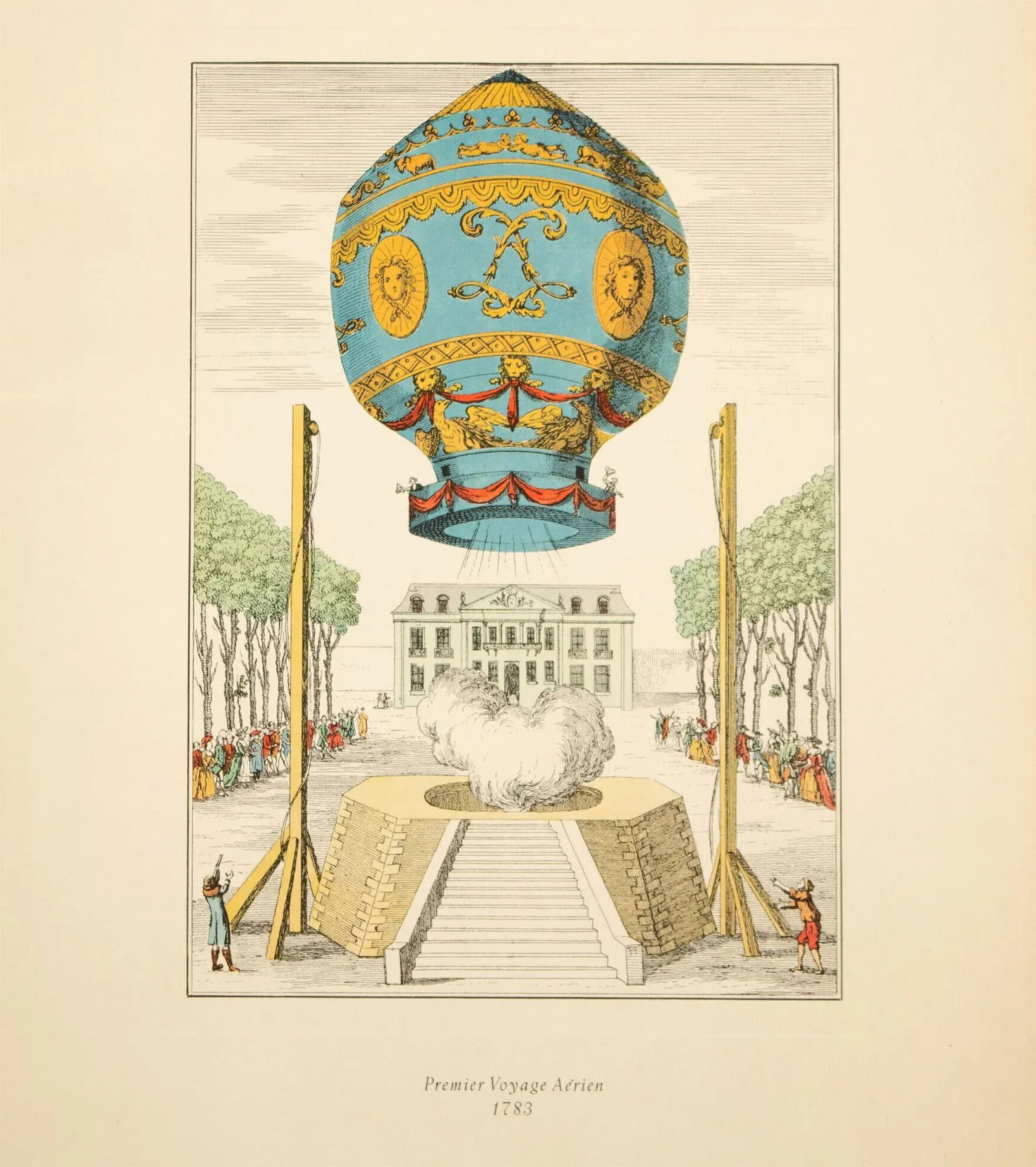 1956 "First Air Travel 1783" Balloon, Large Vintage Offset Lithograph - 5