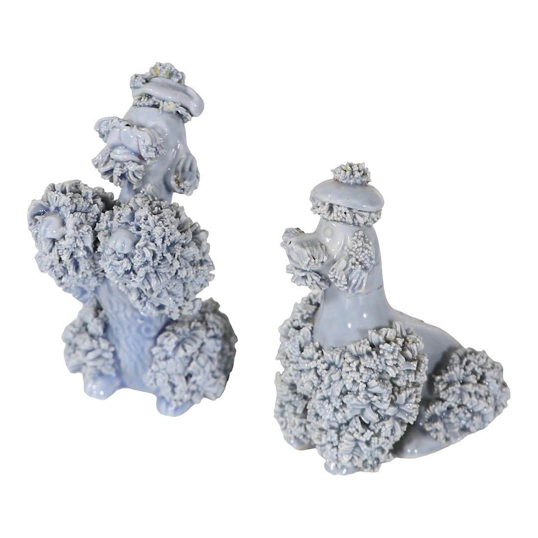 2 Pc. Set Mid Century Spaghetti Pottery Poodle Dogs: Two powder blue mid century spaghetti china poodle dogs, both in excellent original, undamaged condition. Circa 1950's, probably made in Italy. Condition: Alterations: Original Condition Unaltered