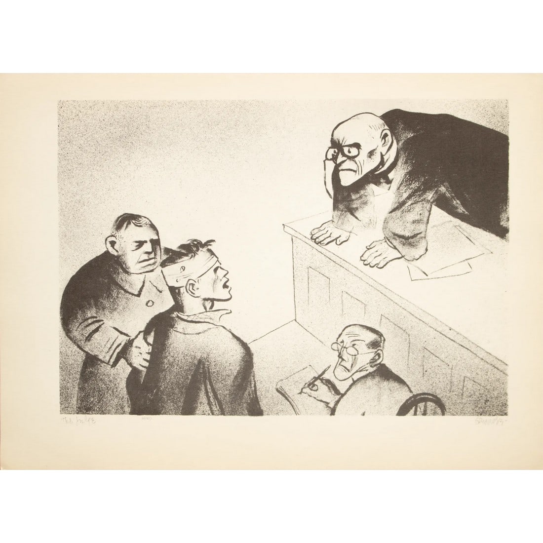1939 After William Gropper "The Judge", First Edition Period Offset Lithograph: An excellent First Edition period black and white offset lithograph (print) after drawing "The Judge" by American artist William Gropper. Comes from a First Edition art folio of period pieces
