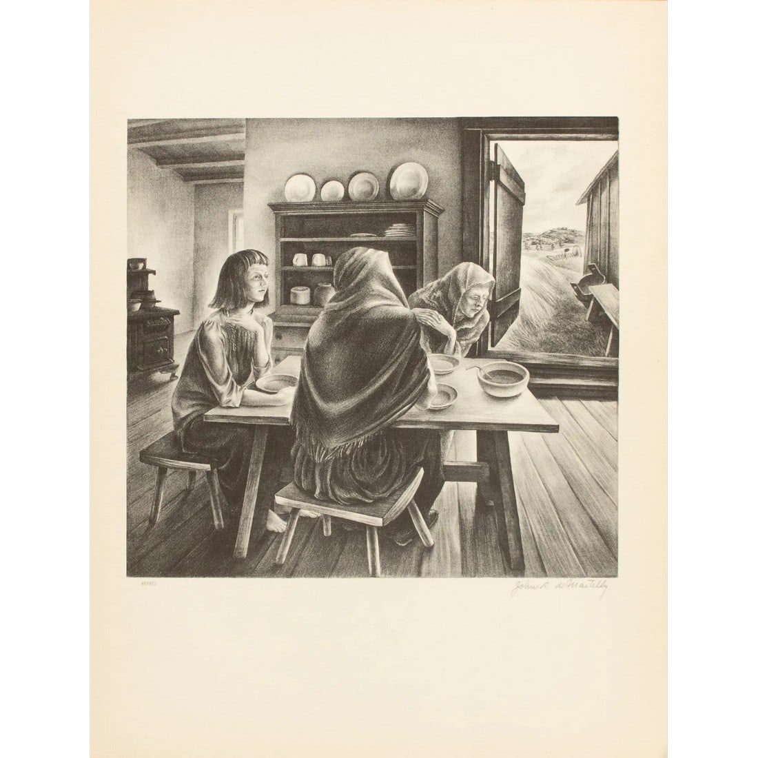 1939 After John S. De Martelly "Give Us This Day", First Edition Period Offset Lithograph: An excellent First Edition period black and white offset lithograph (print) after drawing "Give Us This Day" by American artist John S. De Martelly. Comes from a First Edition art folio of period