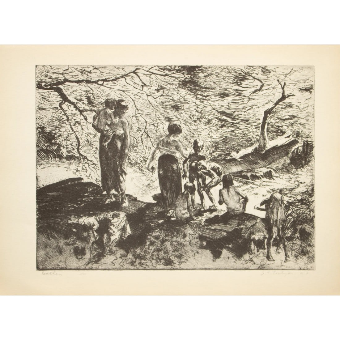 1939 After John E. Costigan "Bathers", First Edition Period Offset Lithograph: An excellent First Edition period black and white offset lithograph (print) after etching "Bathers" by American artist John E. Costigan. Comes from a First Edition art folio of period pieces