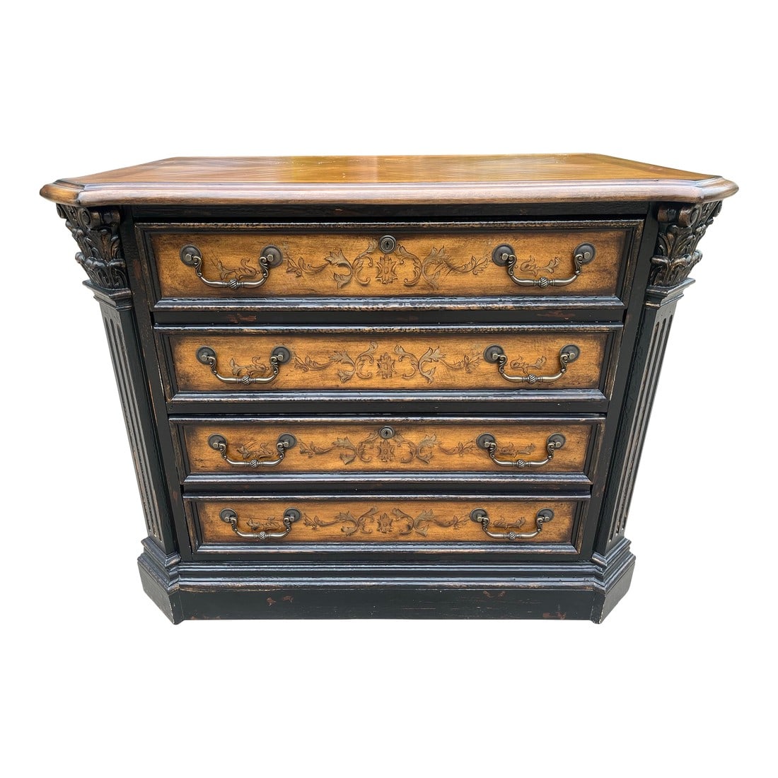 Hooker Furniture North Hampton Collection Ebonized Maple Lateral Filing Cabinet: A maple and ebonized lateral filing cabinet from Hooker Furniture's iconic "North Hampton" collection. Two stacked drawers allow for ample filing space and a wonderfully designed drawer pull system