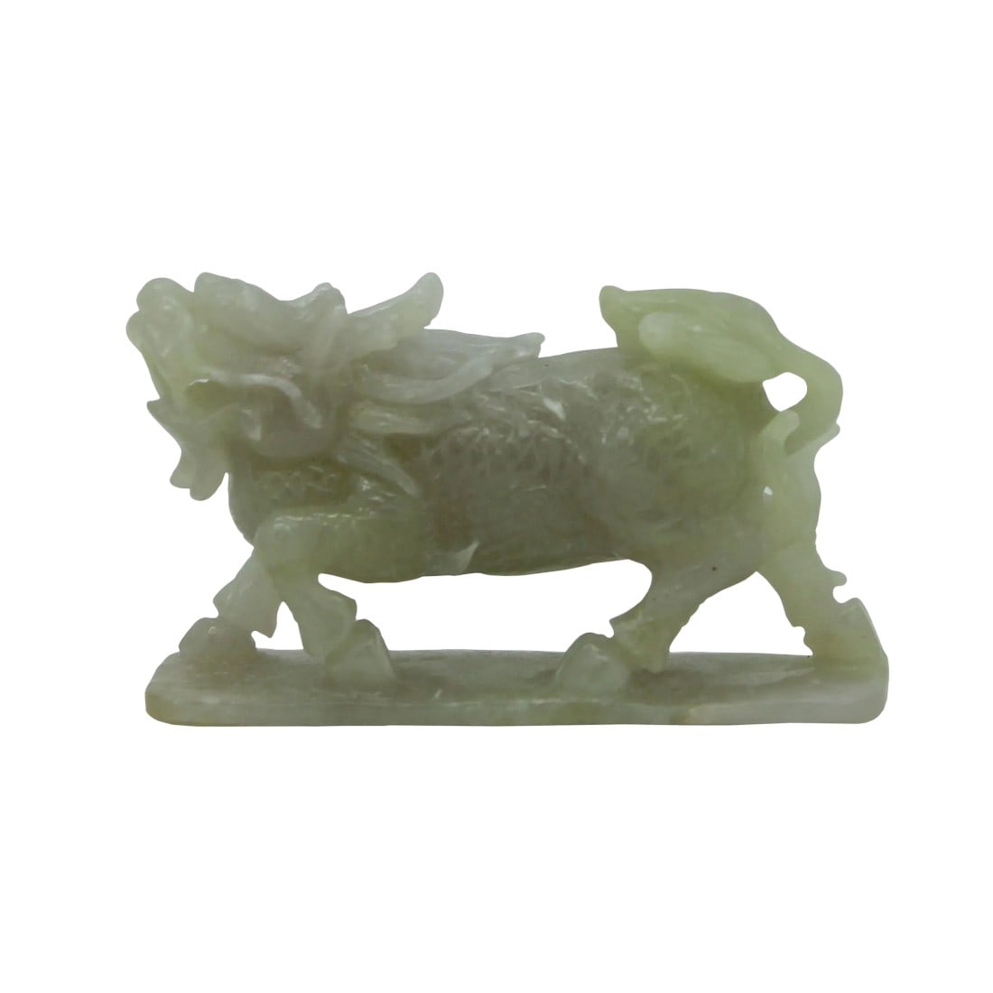 Detail Chinese Hand Carved Natural Jade Lucky Feng Shui Kirin Statue: This quality hand-carved Kirin is made from natural untreated jade, the statue is standing on a rectangular platform base. Kirin is a mythology animal with a dragon head, short body, and four-legs. 