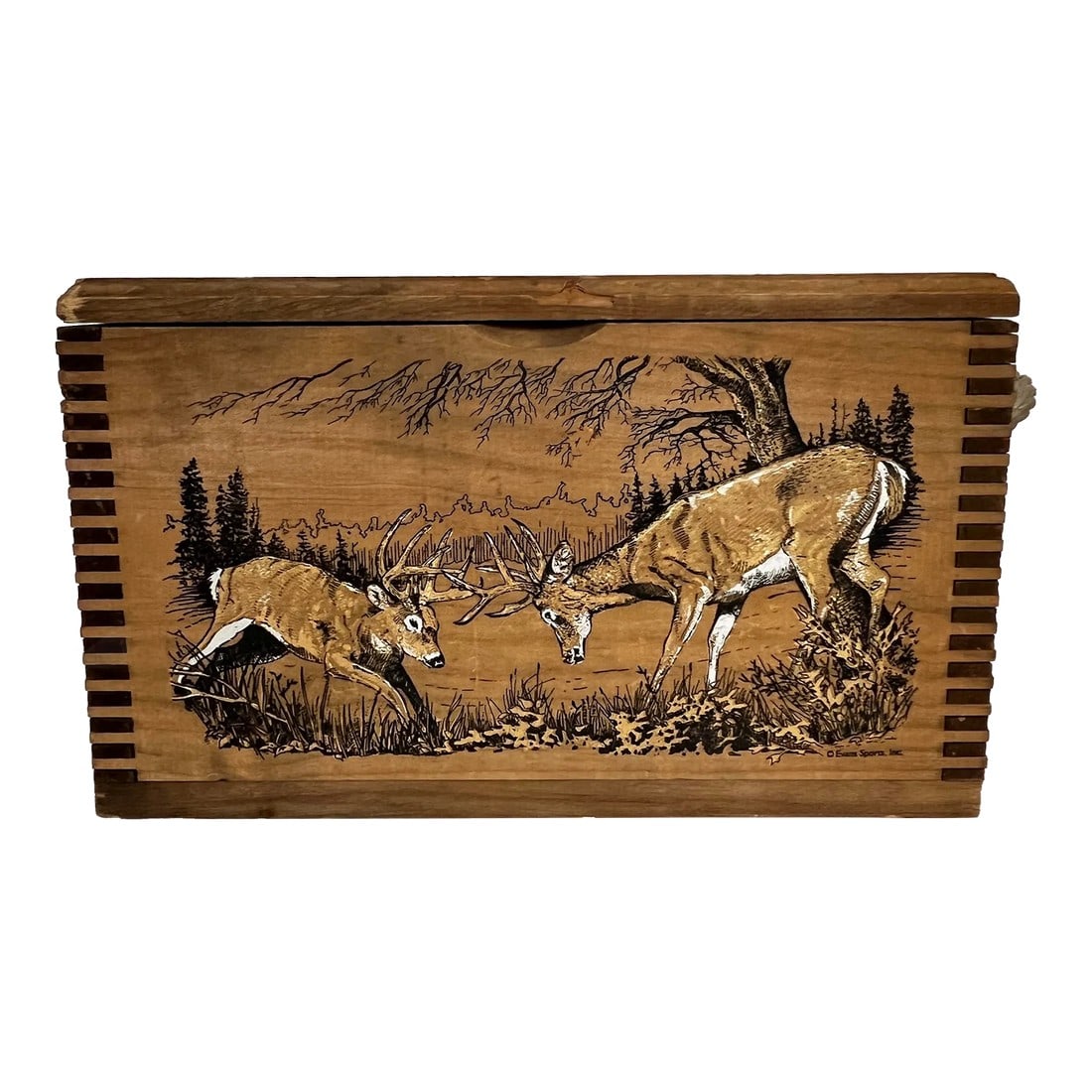 Pine Wood Decorative Box W/ Deer Scene: Decorative box with burnt scene of two fighting deer. Ample storage for clutter. Goes with but not limited to farmhouse style, rustic, cabin, lodge, French Country, country, cottage core, primitive