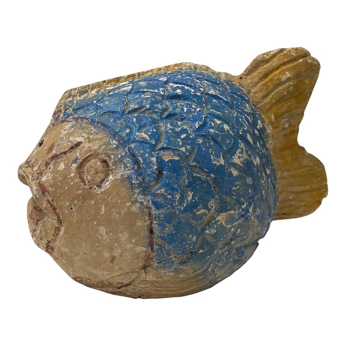 Handcrafted Rustic Solid Raw Wood Abstract Round Body Blow Fish Sculpture: Stunning handcrafted accent sculpture: the "Round Body Blow Fish." This unique decorative piece is meticulously carved from solid heavy, thick wood, showcasing a beautiful blend of blue and gray hues