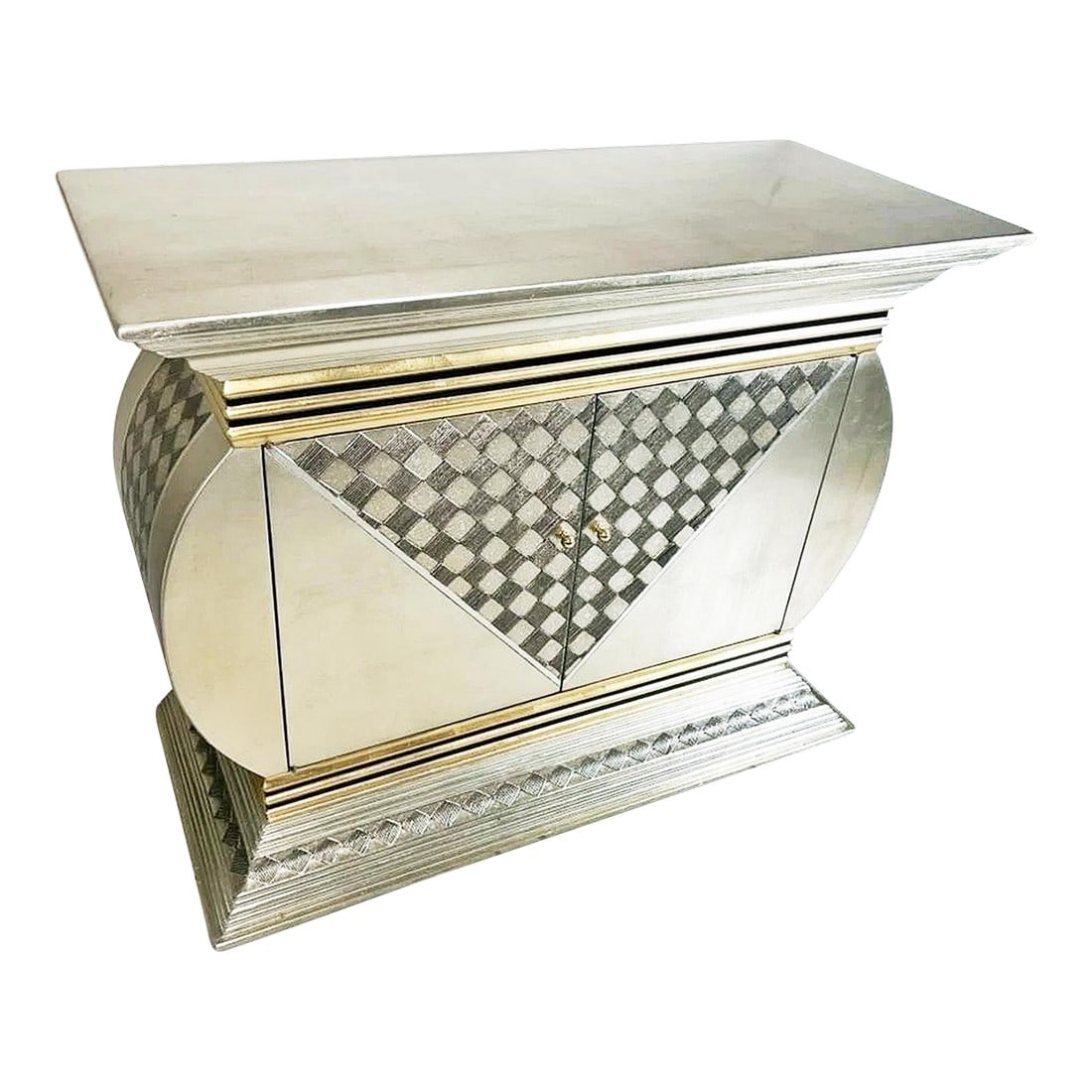 1990s Silver and Gold Contemoporary Modern Console Cabinet: What a cool Hollywood Regency meets contemporary modern silver and gilt 2 door sideboard console with checkerboard pattern motif. Real silver metal leaf finish, thus the squares. Make a statement in