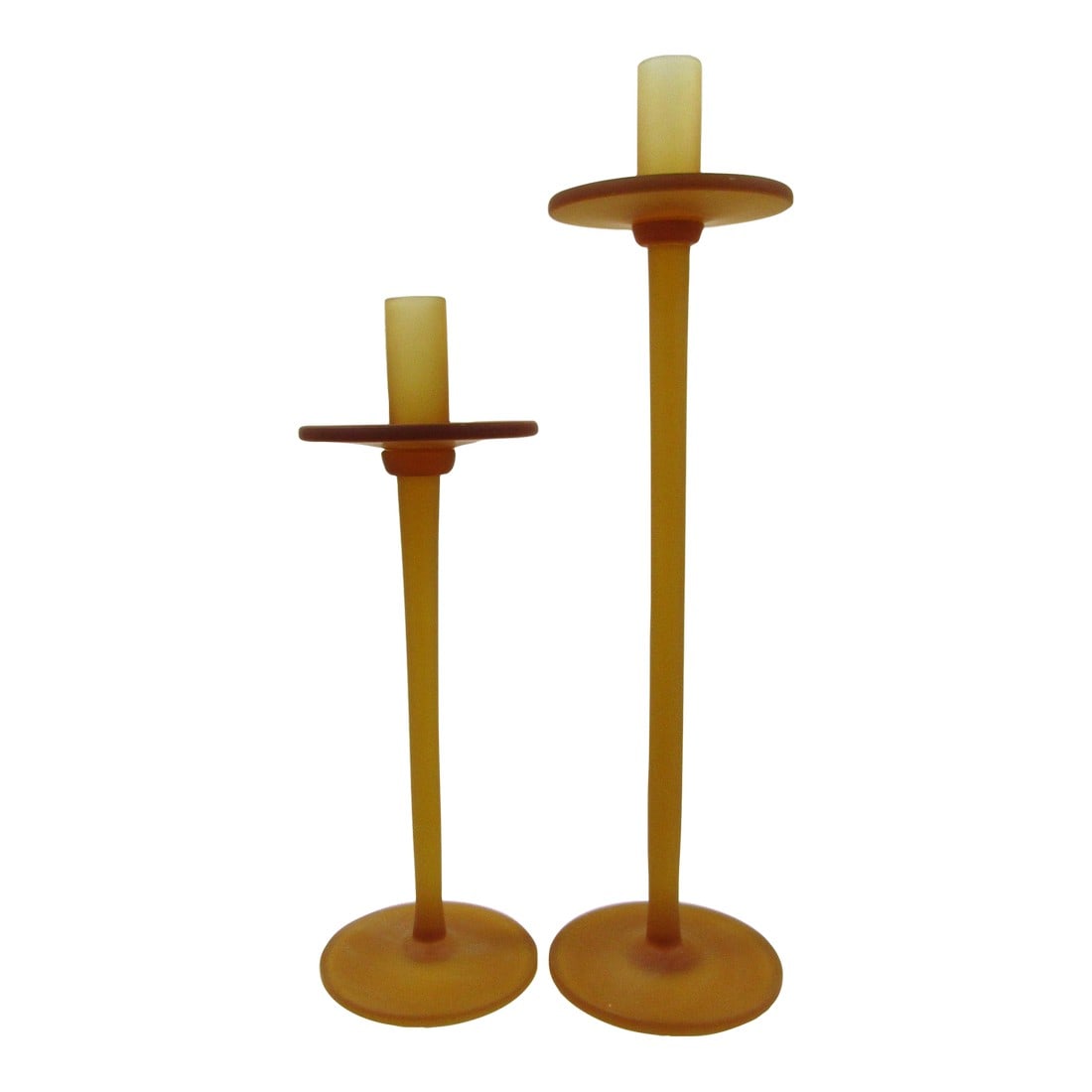 Pair of 1950s Vintage Frosted Amber Glass Tall Danish Candlesticks: Pair of Vintage Frosted Amber Glass Tall Danish Candlesticks One measures 5 1/4" bottom diameter, 5" top diameter and 20" tall. The other measures 5" bottom diameter, 5" top diameter and 15 1/4"