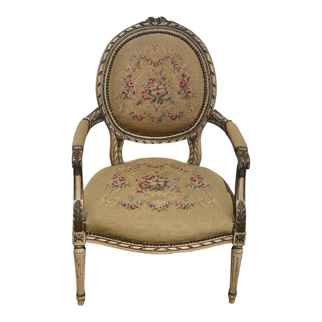 1930s Vintage French Provincial Fauteuil Chair With Floral Needlepoint Design (1 of 12)