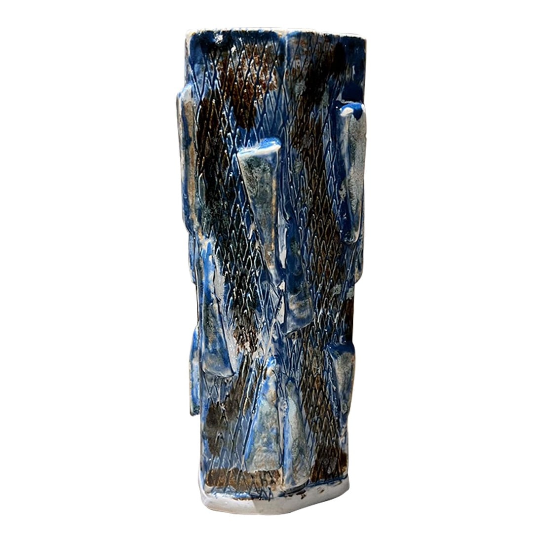 Textured Geometric Blue Vase Modern Studio Art Pottery: AMBIANIC presents Geometric Textured Blue Vase Art Pottery signed 10 h x 3.5 x 3 Original vintage Refer to images listed Condition: Alterations: Original Condition Unaltered Imperfections: Some Imperf