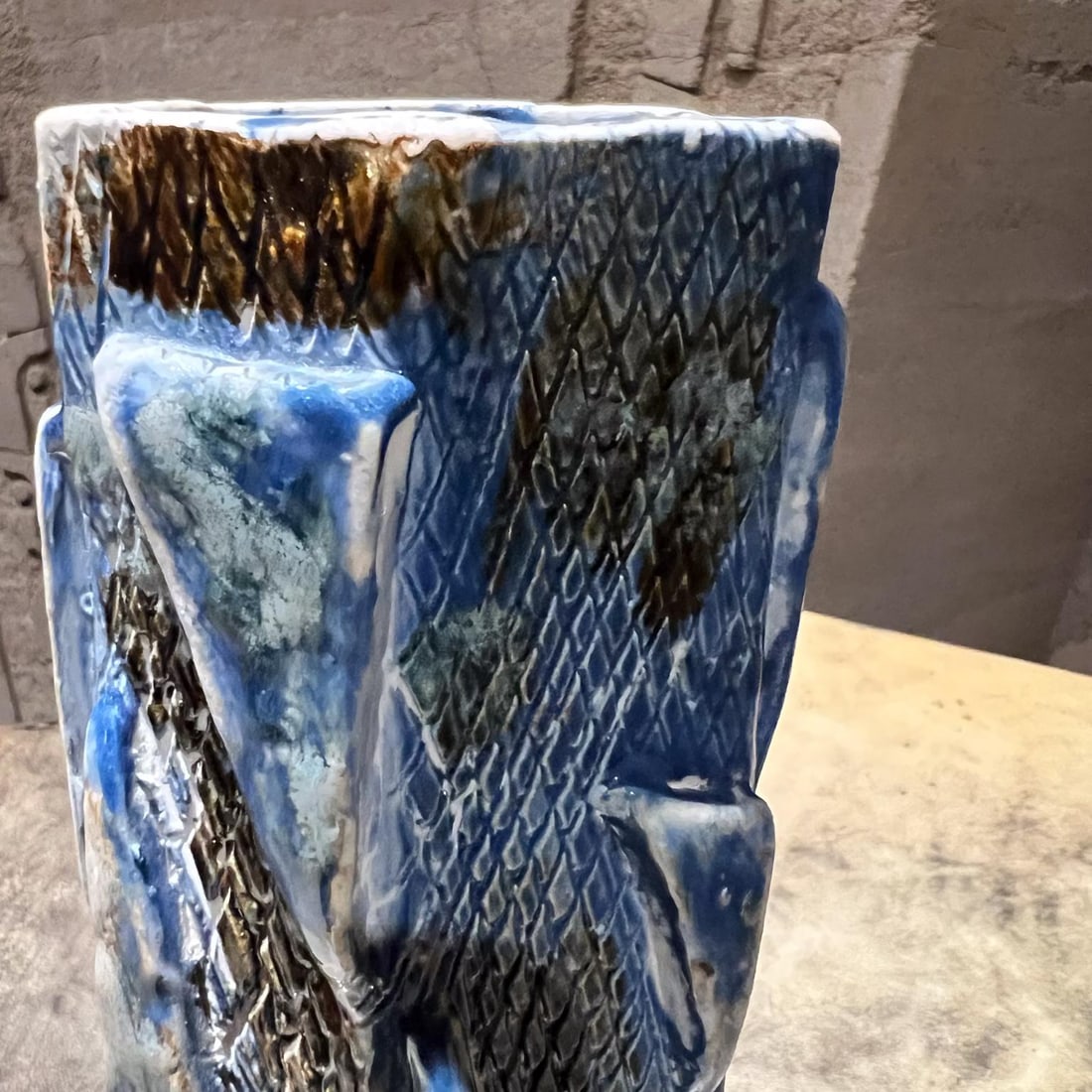 Textured Geometric Blue Vase Modern Studio Art Pottery - 2