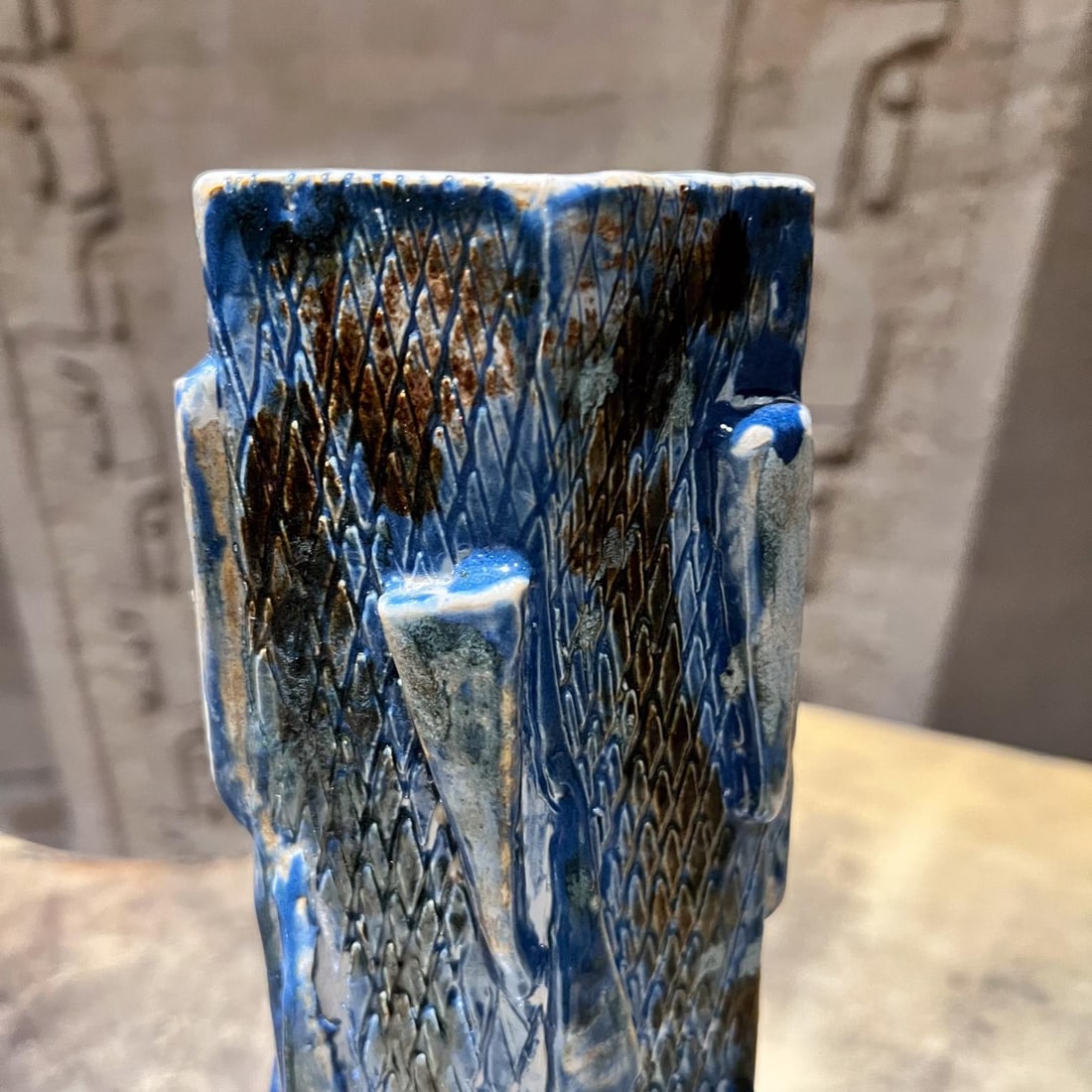 Textured Geometric Blue Vase Modern Studio Art Pottery - 3