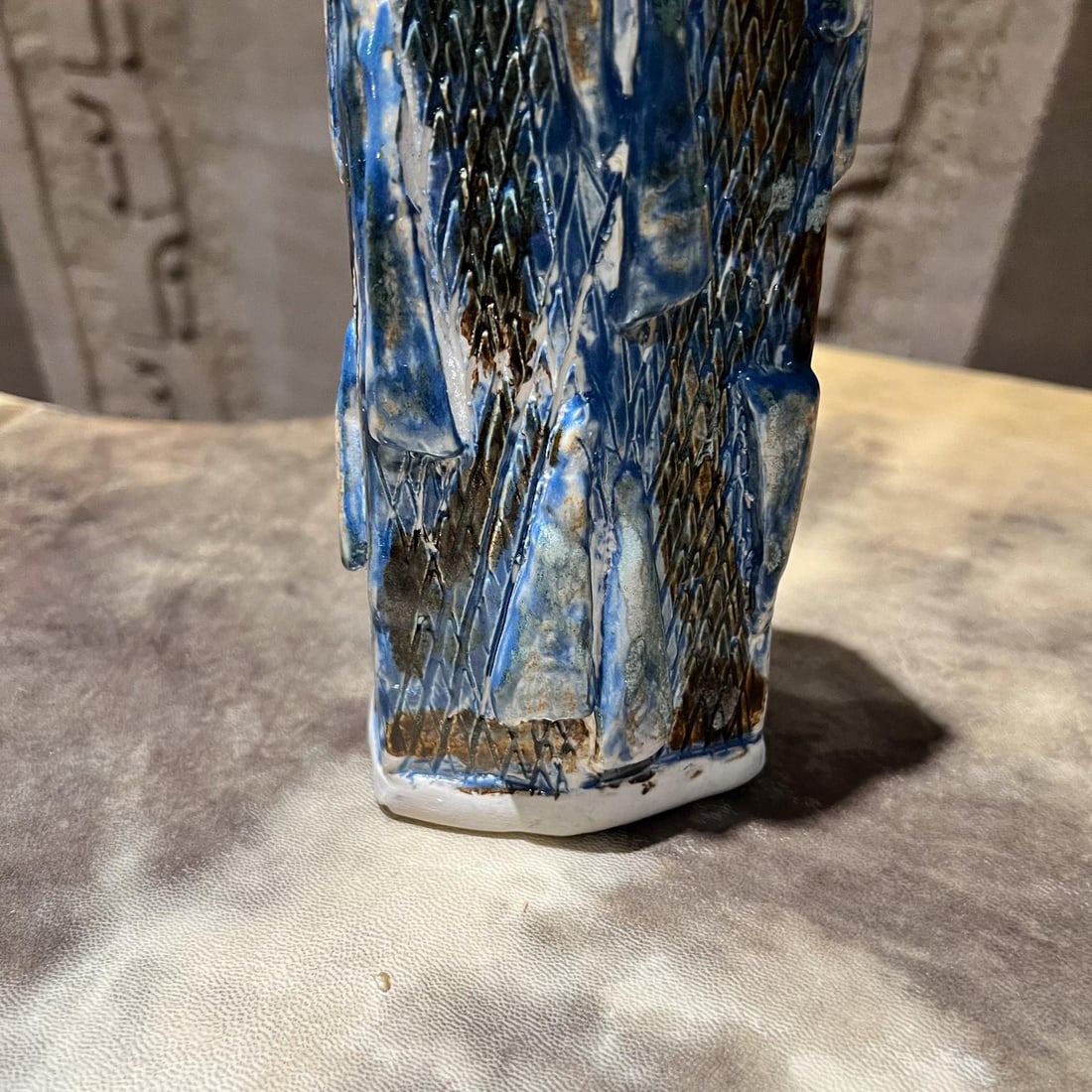 Textured Geometric Blue Vase Modern Studio Art Pottery - 5