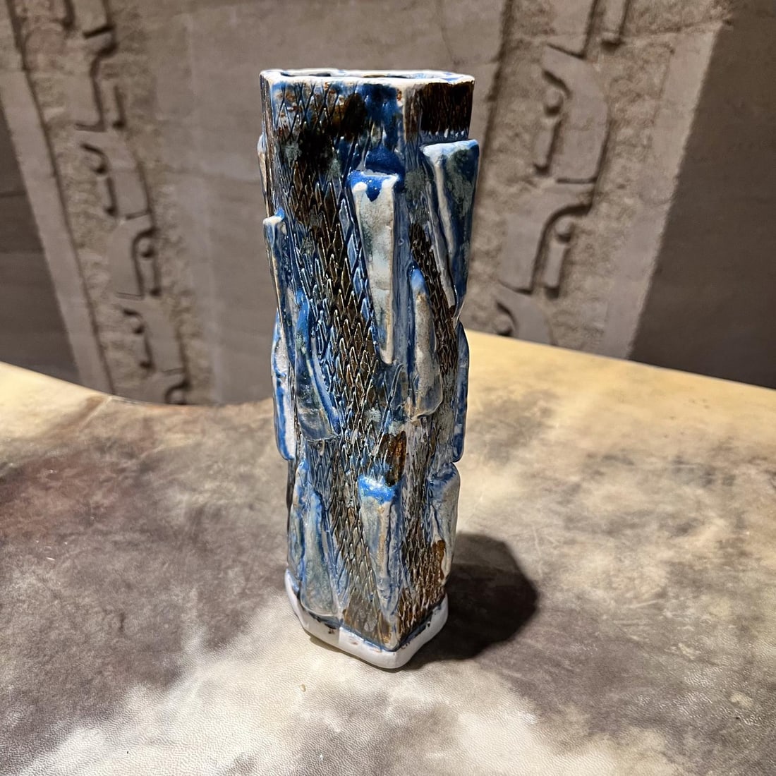 Textured Geometric Blue Vase Modern Studio Art Pottery - 6
