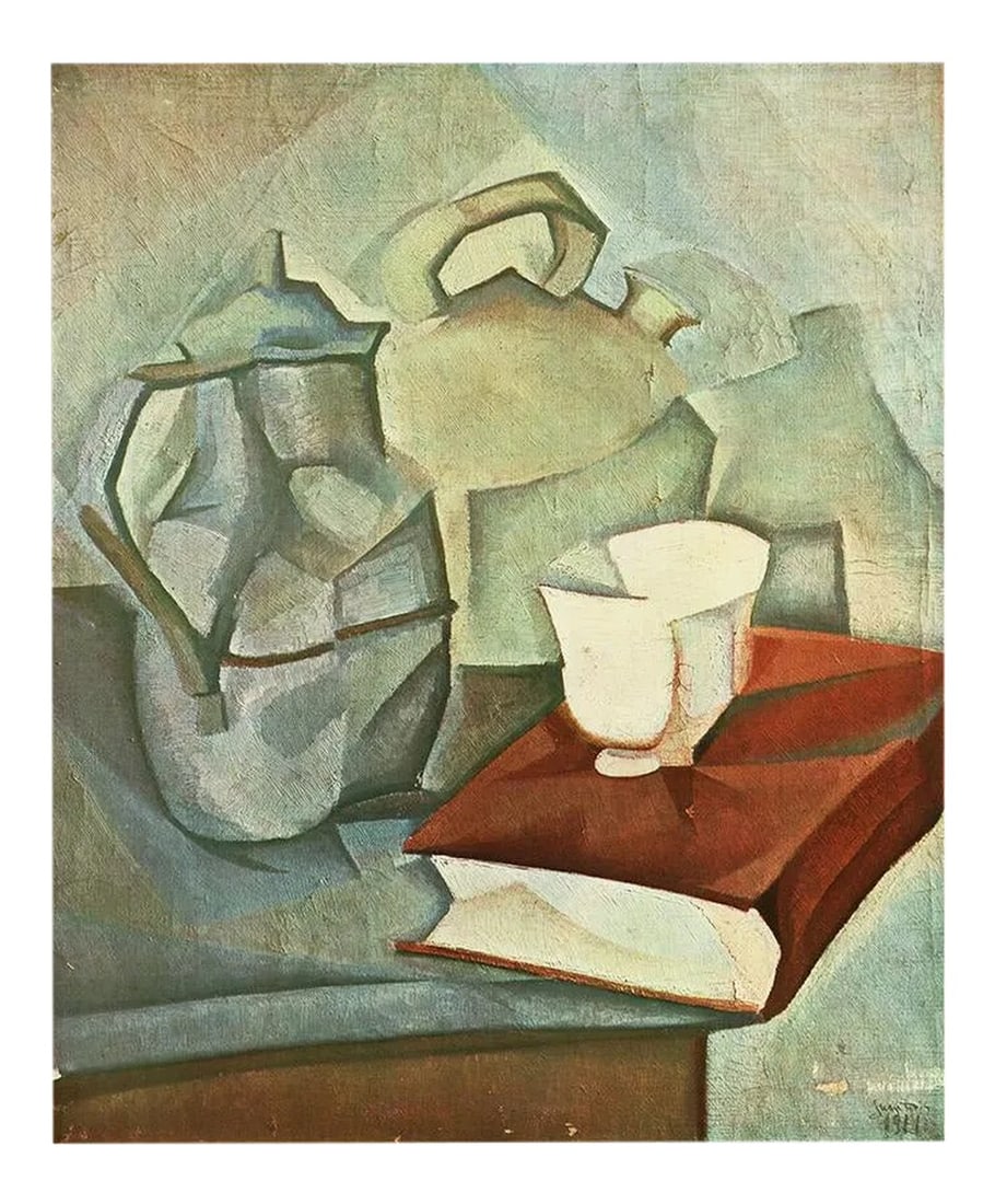 1940s After Juan Gris "The Book" Full-Color Print From Geneva: Rare vintage full-color print of Cubist still life "The Book" (1911) by Juan Gris. Comes from the artist's portfolio published by Albert Skira in Geneva, Switzerland in 1940s. Printed on heavy