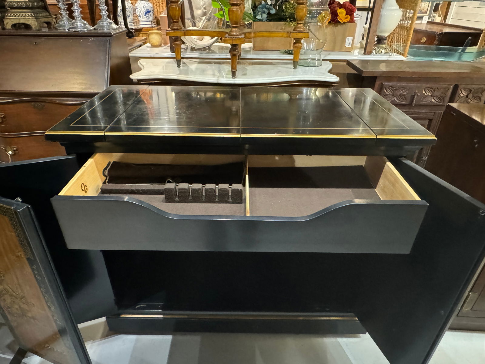 1970s Drexel Et Cetera Collection Black Lacquer Chinoiserie Buffet Server With Flip Top - 10