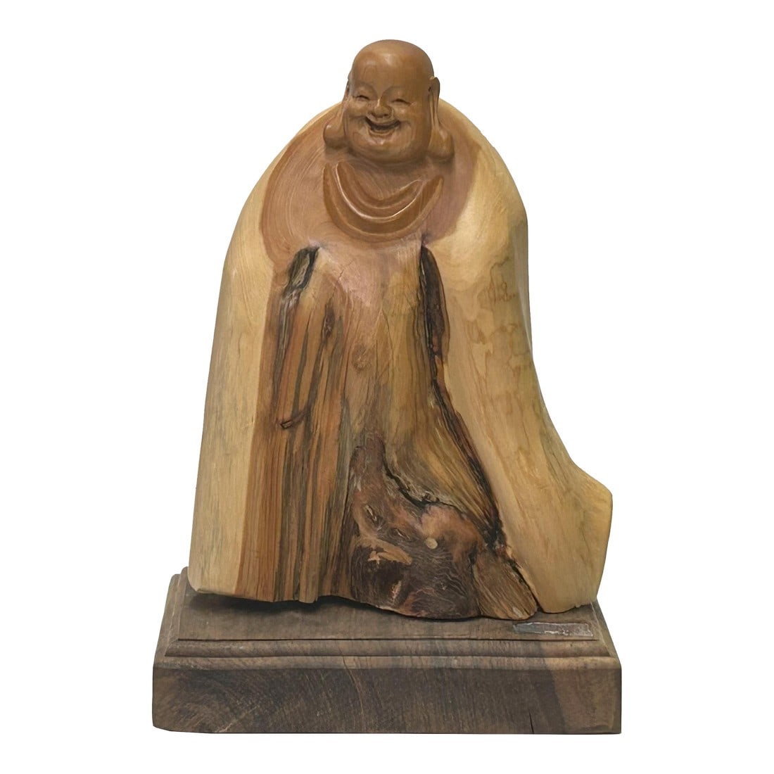 8.5" Chinese Cypress Wood Carved Irregular Shape Happy Buddha Statue: This Chinese Cypress Wood Carved Happy Buddha Statue captures joy and serenity in its intricate craftsmanship. Carved from natural cypress wood, the statue features an irregular shape that adds