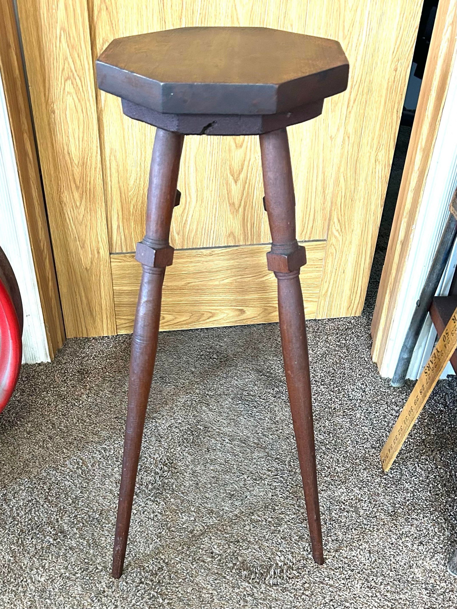 Handmade, Black Walnut Seat and Mahogany Leg Primitive Stool, Circa 1860s - 4