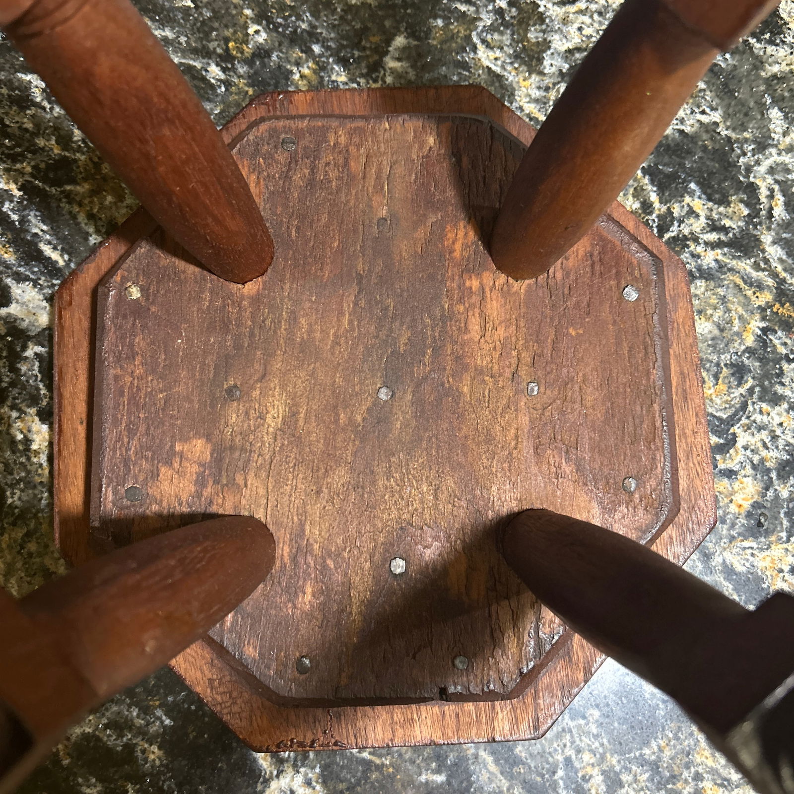 Handmade, Black Walnut Seat and Mahogany Leg Primitive Stool, Circa 1860s - 9