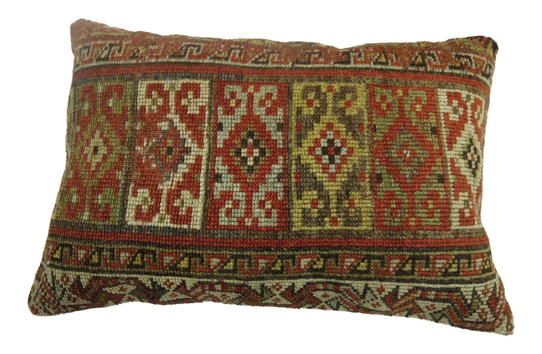 Tribal Vintage Lumbar Rug Pillow: Pillow made from a Vintage tribal persian rug with cotton back. Zipper closure and foam insert provided. 16'' x 23'' Condition: Alterations: Original Design Modified Imperfections: Some Imperfections