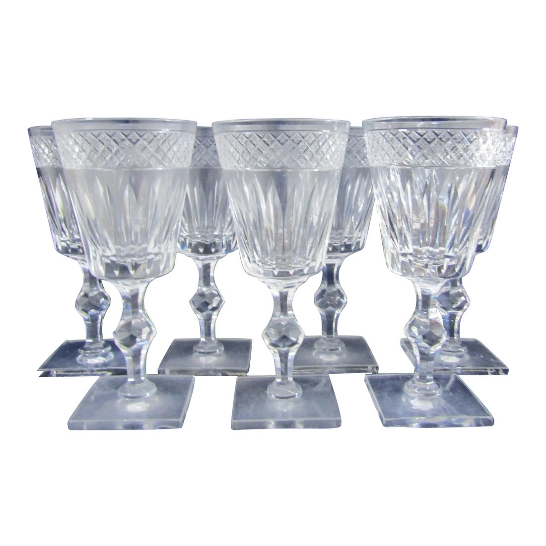 1930s Hawkes Crystal Donisel Stem 6015 Water Goblets- Set of 7: Set of Seven Hawkes Crystal Donisel Stem 6015 Water Goblets Each measures 3 5/8" top diameter, 2 3/4" square bottom and 7 3/4" tall. Condition: Alterations: Original Condition Unaltered