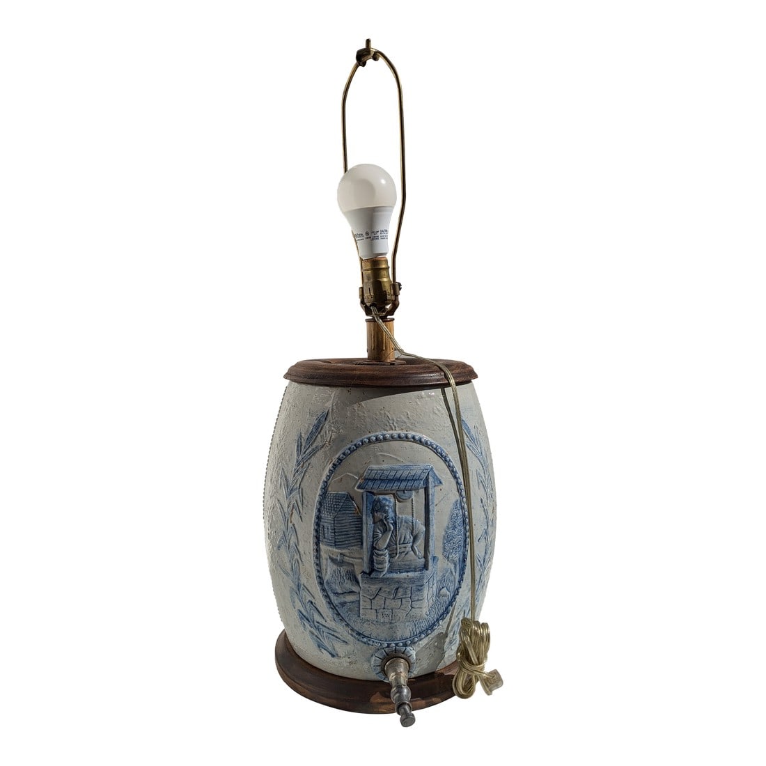 19th Century Blue Salt Glaze Stoneware Water Crock Cobalt Blue Lamp: 19th-Century Blue Salt Glaze Stoneware Lamp – Antique Elegance Illuminate your home with the timeless charm of this 19th-century salt glaze stoneware lamp. Featuring a rich, deep blue glaze