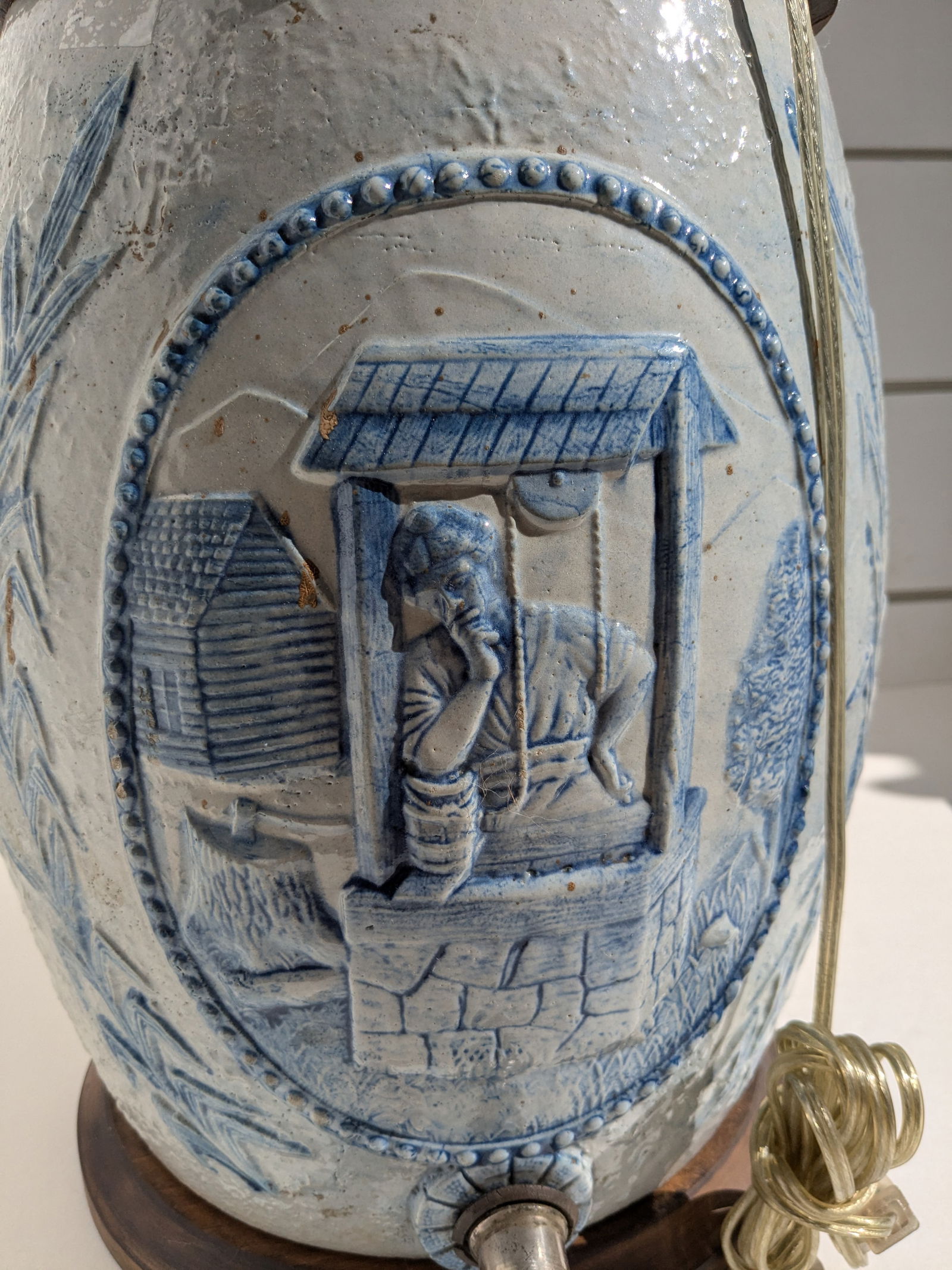 19th Century Blue Salt Glaze Stoneware Water Crock Cobalt Blue Lamp - 2