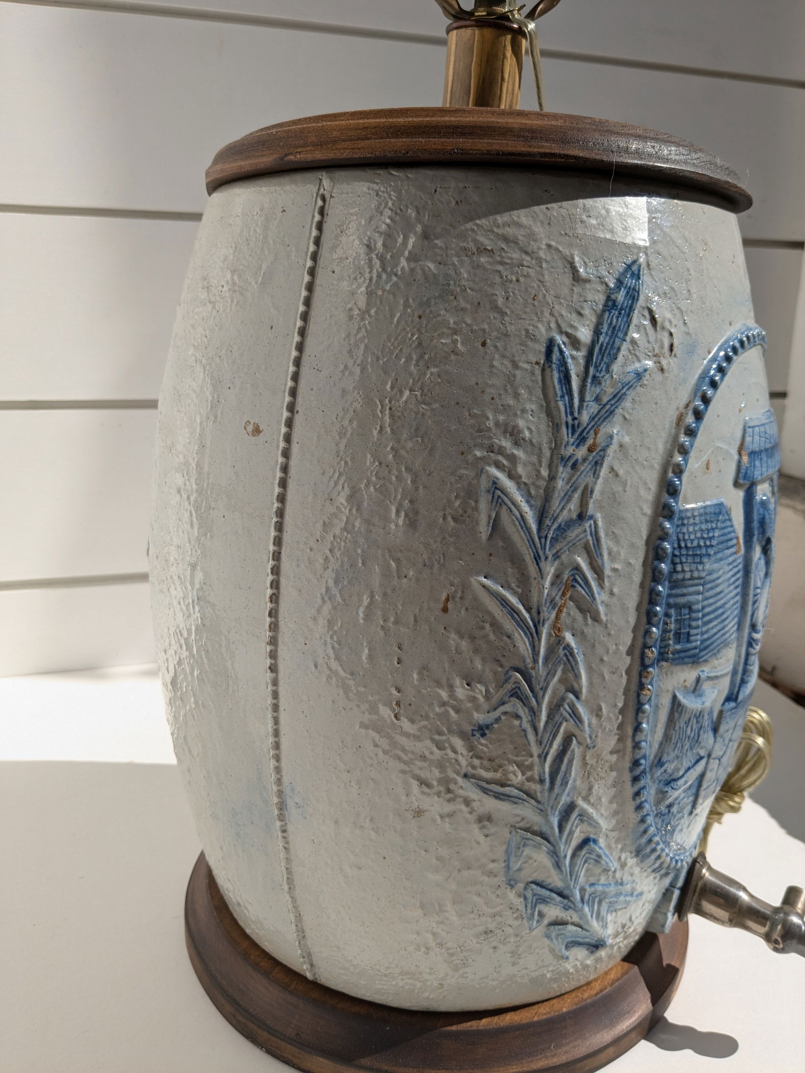 19th Century Blue Salt Glaze Stoneware Water Crock Cobalt Blue Lamp - 5