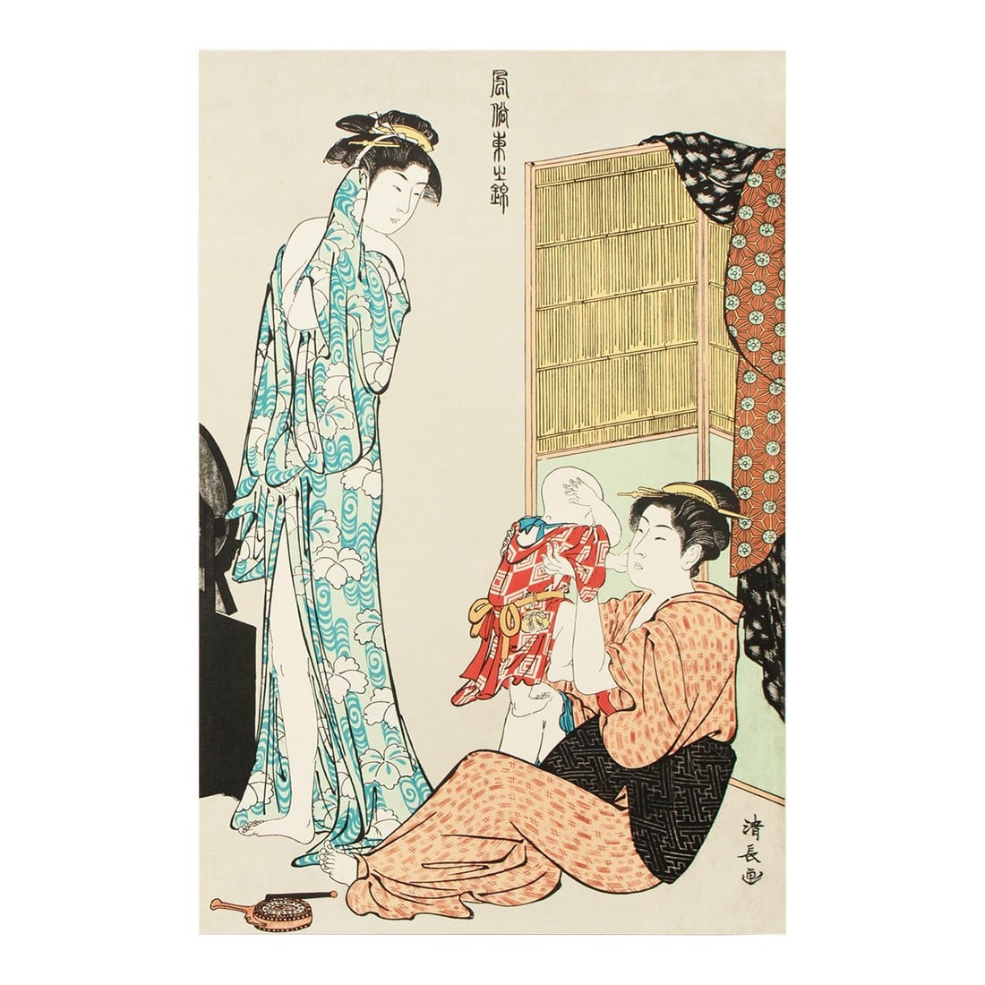 1964 After Kiyonaga "Woman After Bath and a Grandma Fondling the Baby", Full-Color Print: A stunning large full-color Ukiyo-E Hanga print after original woodblock print "Genre Scenes of the Brocades of the East - Woman After Bath and a Grandma fondling the Baby" by Kiyonaga (1752-1815).