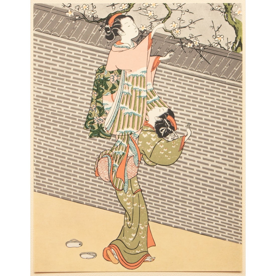 1963 After Harunobu "Picking Plum Blossoms From Neighbor's Garden", Full-Color Print From Japan: A stunning full-color Ukiyo-E Hanga print after original woodblock print "Picking Plum Blossoms from Neighbor's Garden" by Harunobu (died on the 15th of June in 1770 in downtown Edo, former name of