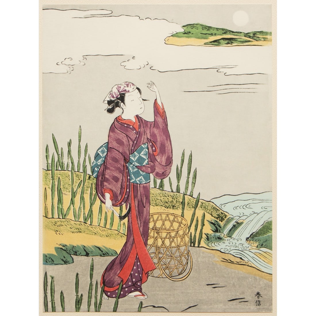 1963 After Harunobu "Hunting Scouring Rush", Full-Color Print From Japan: A stunning full-color Ukiyo-E Hanga print after original woodblock print "Hunting Scouring Rush" by Harunobu (died on the 15th of June in 1770 in downtown Edo, former name of Tokyo). Comes from a