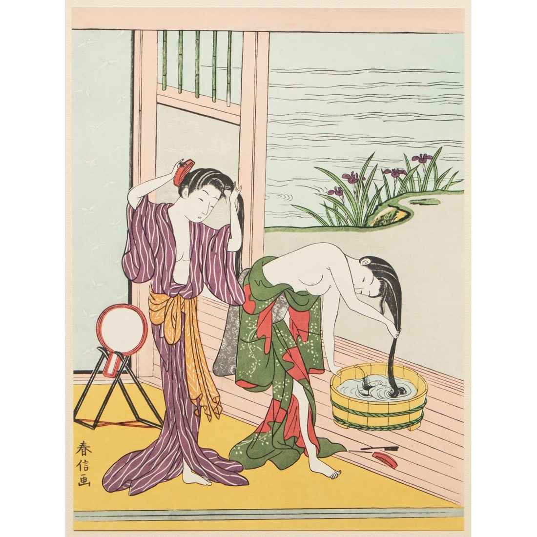 1963 After Harunobu "Washing Hair", Full-Color Print From Japan: A stunning full-color Ukiyo-E Hanga print after original woodblock print "Washing Hair" by Harunobu (died on the 15th of June in 1770 in downtown Edo, former name of Tokyo). Comes from a rare