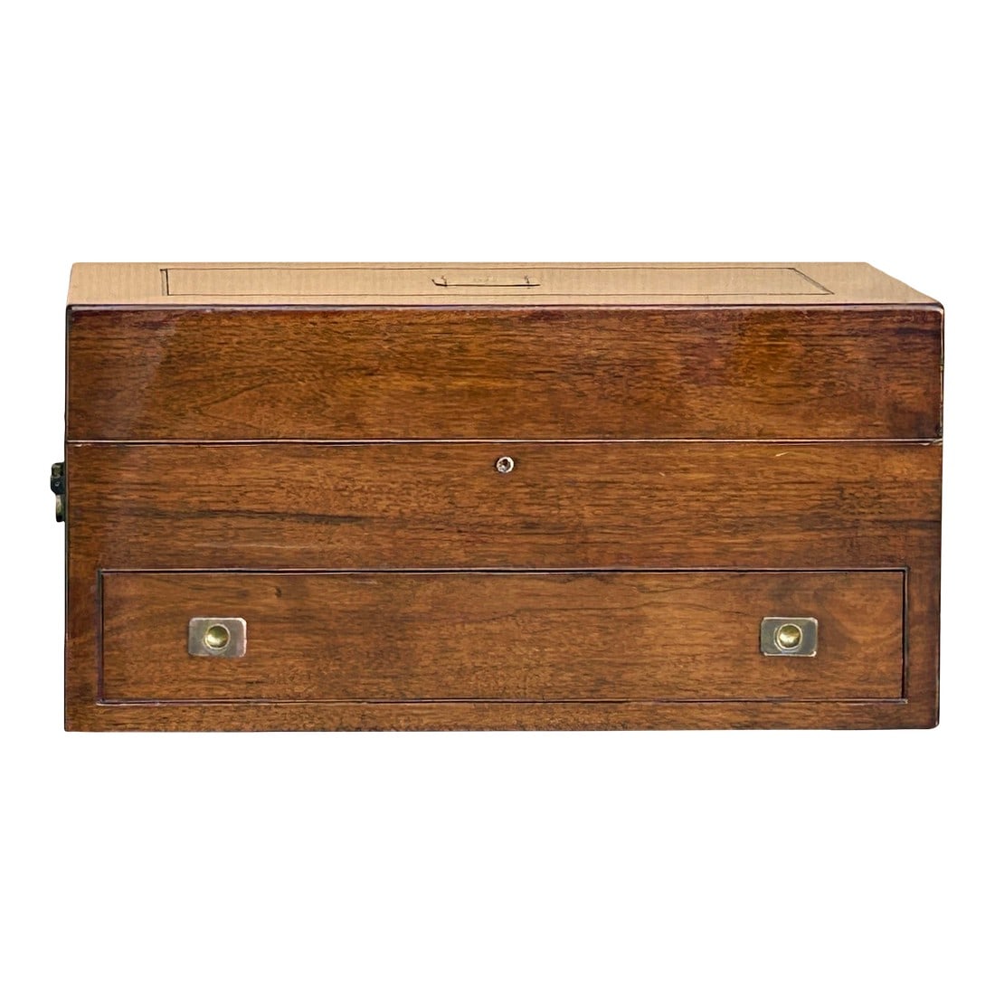 Vintage Natural Wood Light Brown Rectangular Trunk With Drawer: Vintage rectangular trunk featuring a beautiful natural wood grain pattern in a light brown gloss finish. Equipped with a spacious drawer and a pair of sturdy solid metal handles, this piece combines