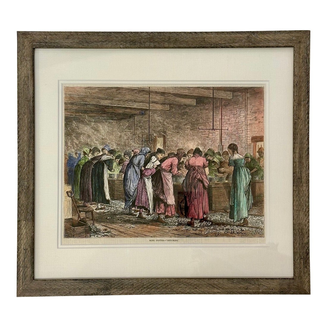 1875 Oyster Shucking, Framed: Original hand colored wood engraving from Harper's Weekly, circa 1875. Displayed in a custom wood frame and UV Protectant glass. Dimensions: 17 x 15" Condition: Alterations: Original Condition