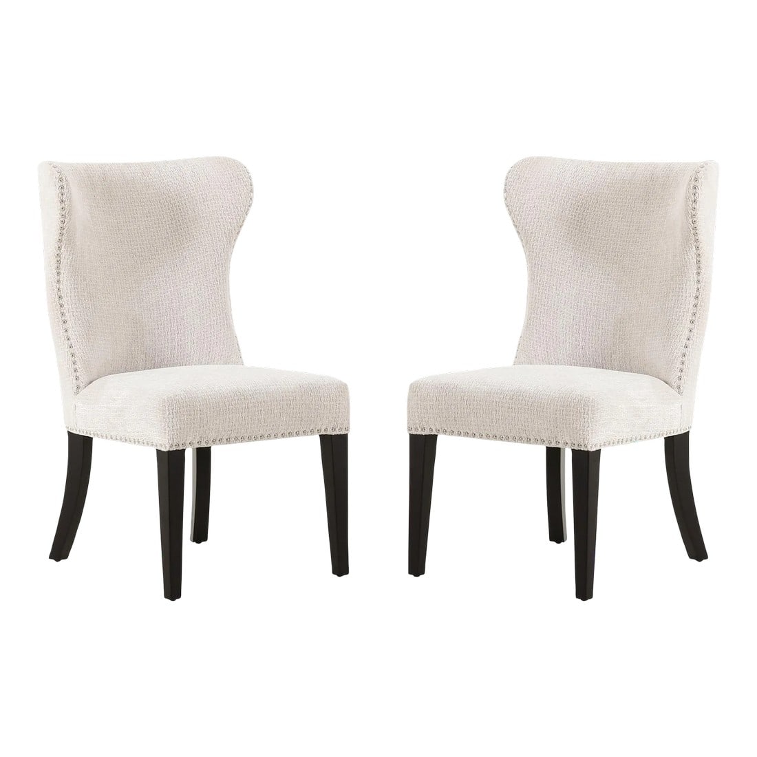 Pasargad Home Elara Design Dining Chairs, Ivory - Set of 2: Discover the stunning Elara chair"”a modern marvel that exemplifies sophistication and style. Featuring exquisite nailhead detailing and crafted from fine fabric in timeless neutral tones, the