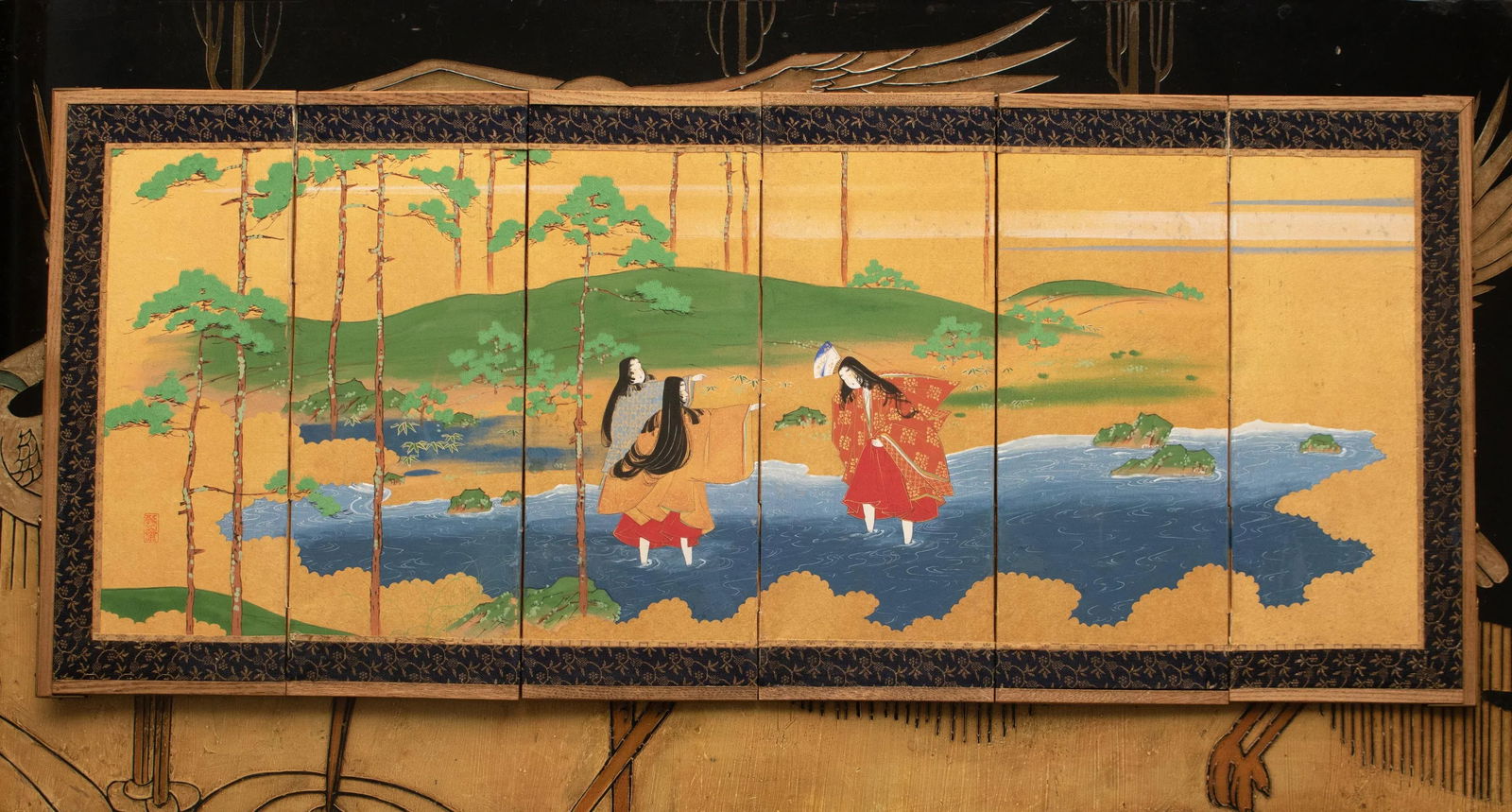 C. 1900-1920s Meiji to Taisho Era Japanese Small 6-Panel Byobu Screen - 12