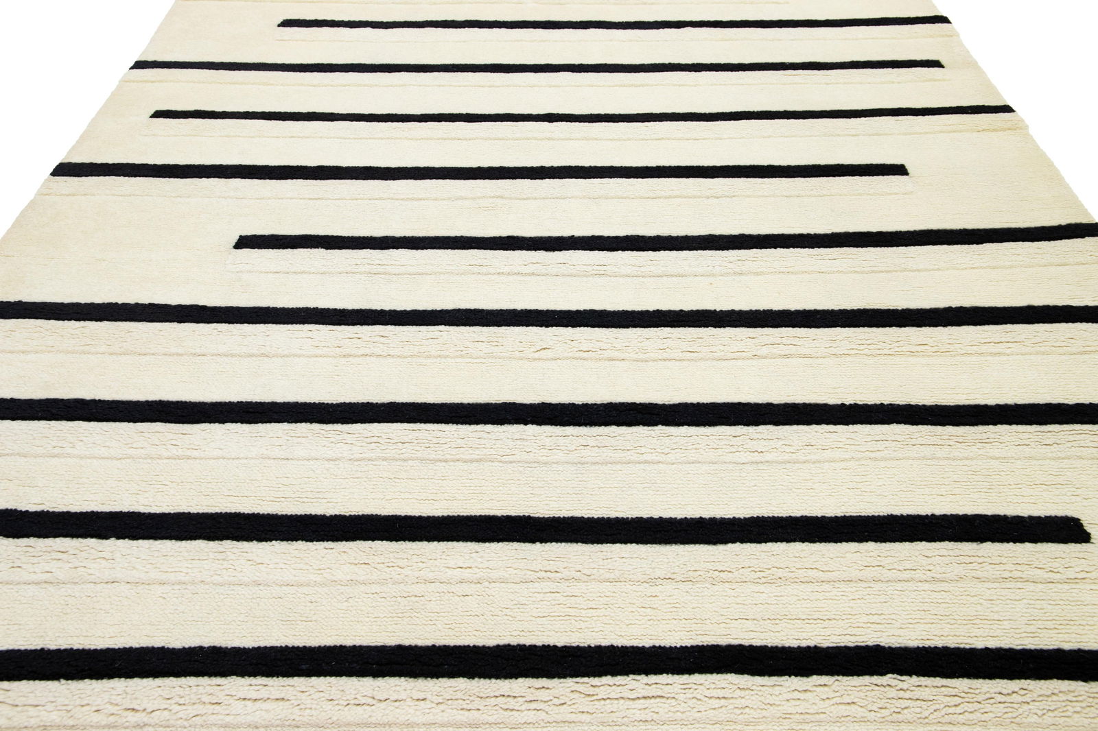 Modern Ivory Moroccan Style Wool Rug With Striped Design - 10