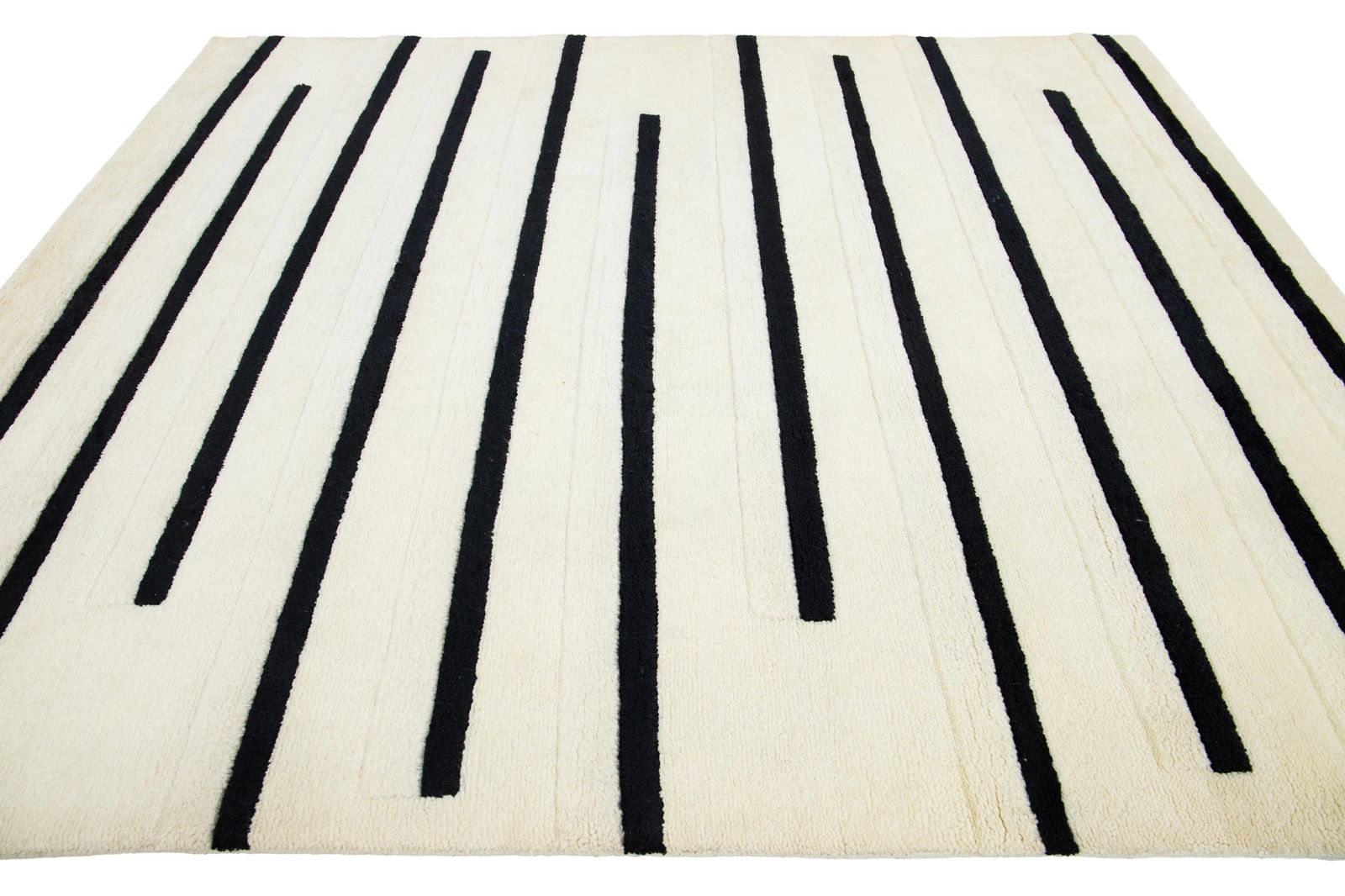 Modern Ivory Moroccan Style Wool Rug With Striped Design - 7