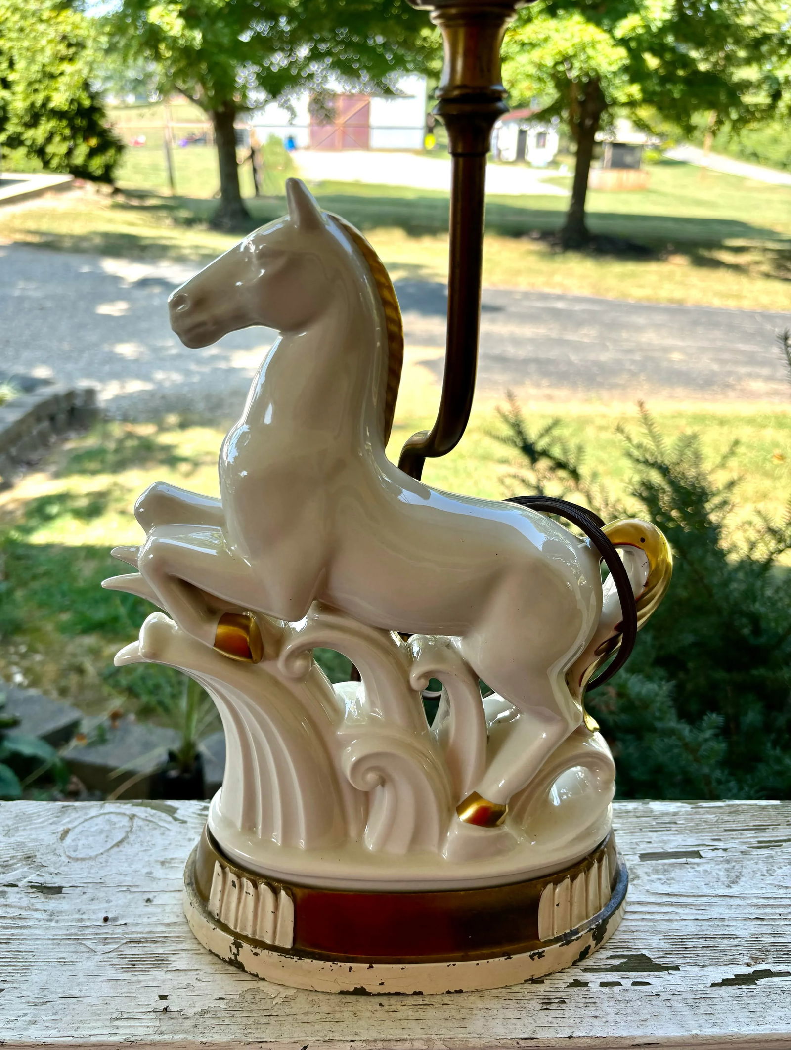 Vintage Art Deco White Gold Porcelain Horse Sculpture Lamp - 2