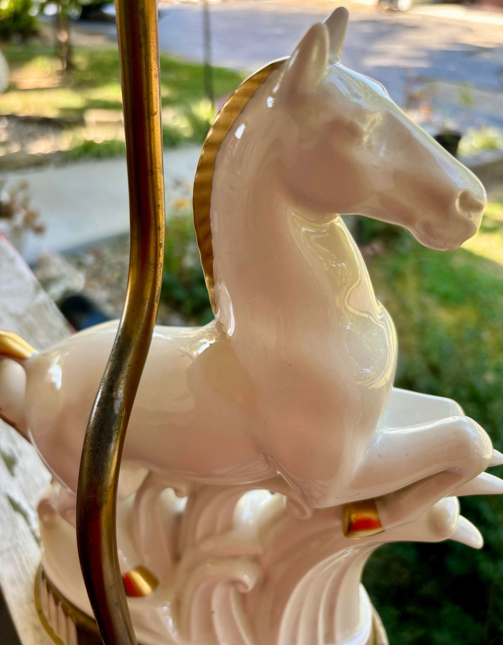 Vintage Art Deco White Gold Porcelain Horse Sculpture Lamp - 5
